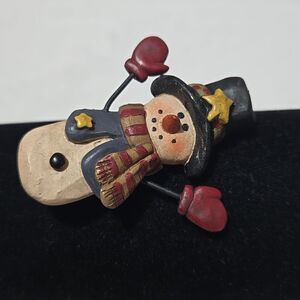 Hand Carved Wooden Snowman Brooch